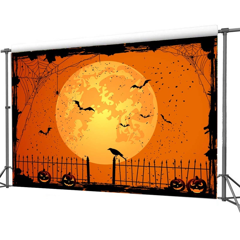 CYLYH 7x5ft Happy Halloween Orange Backdrop Halloween Eve BackdropHalloween Party Lantern Moon Bat Spider Web Graveyard Fence Photography Background Party Decorations - Image 2